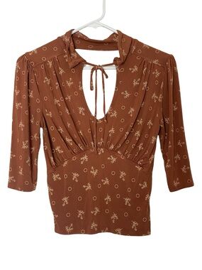 Free People Keyhole Shirt Womens Size XS Copper Floral FP Soraya Top Half Sleeve